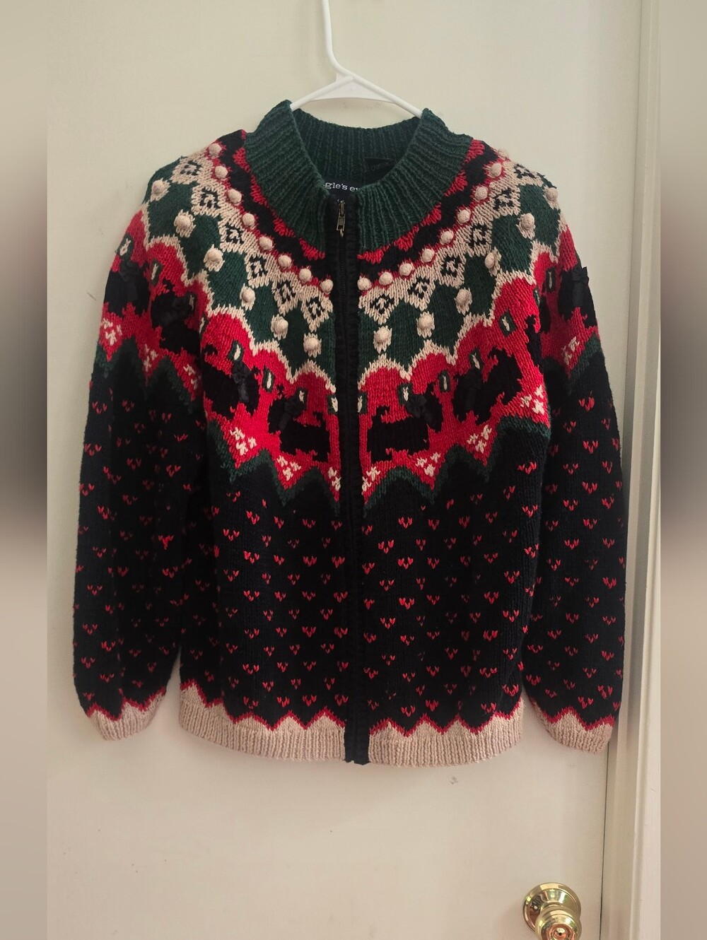 Vintage Eagle's Eye Hand Knit Scottie Dog Full-Zip Cardigan Sweater - Size Med